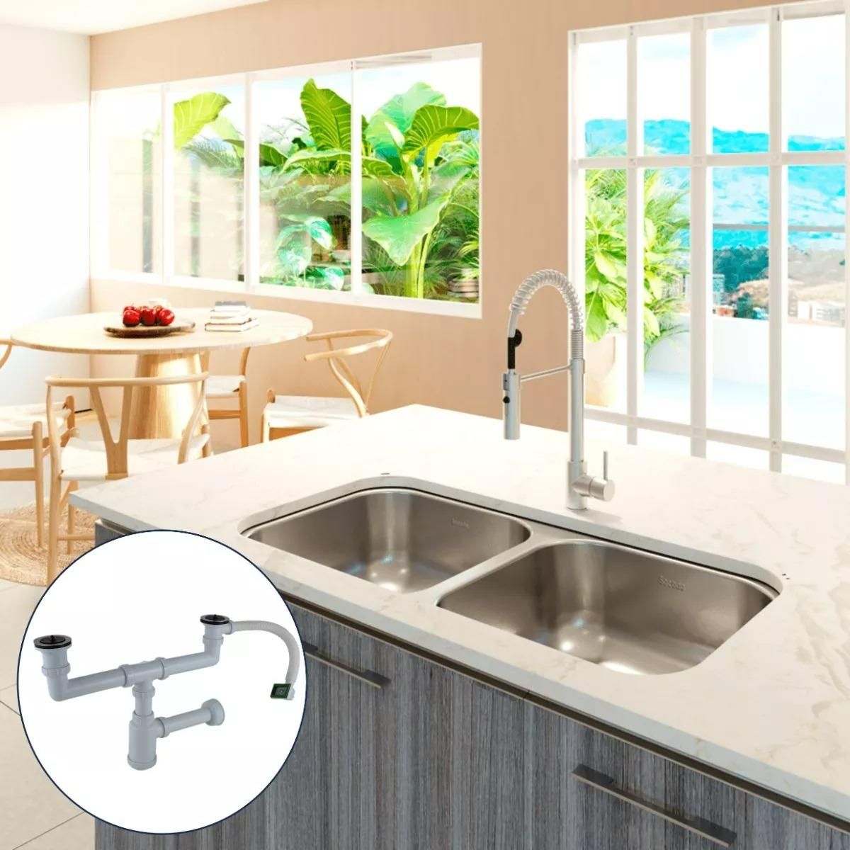 GENERICO - Sifón Doble para Lavaplatos con Desagües y Rebalse