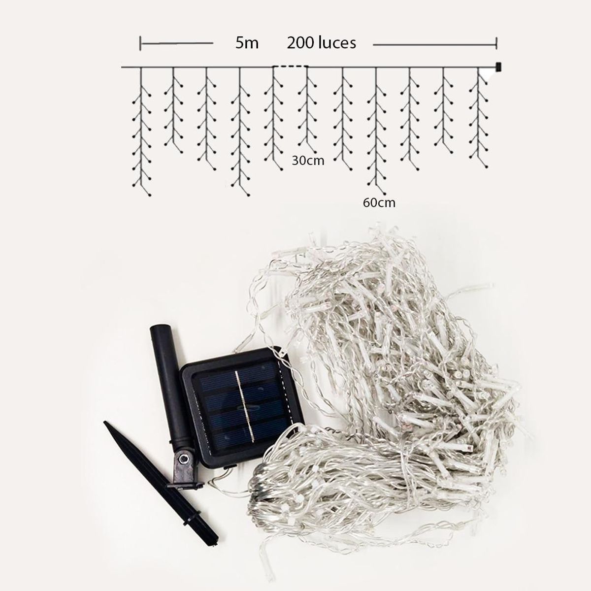 GENERICO - Luces de Cascada Solar 5m con 200 LED para Decoración