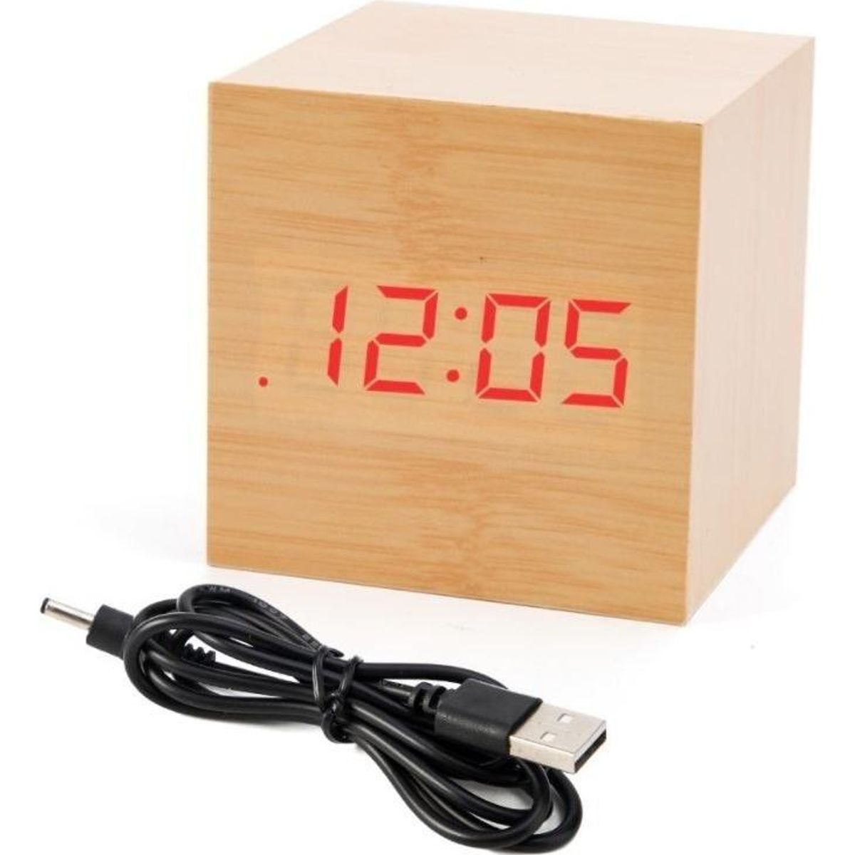 GENERICO - Reloj Despertador Digital LED en Madera Cubo Elegante