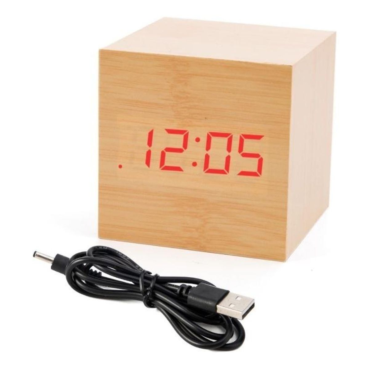 GENERICO - Reloj Despertador Digital LED en Madera Cubo Elegante