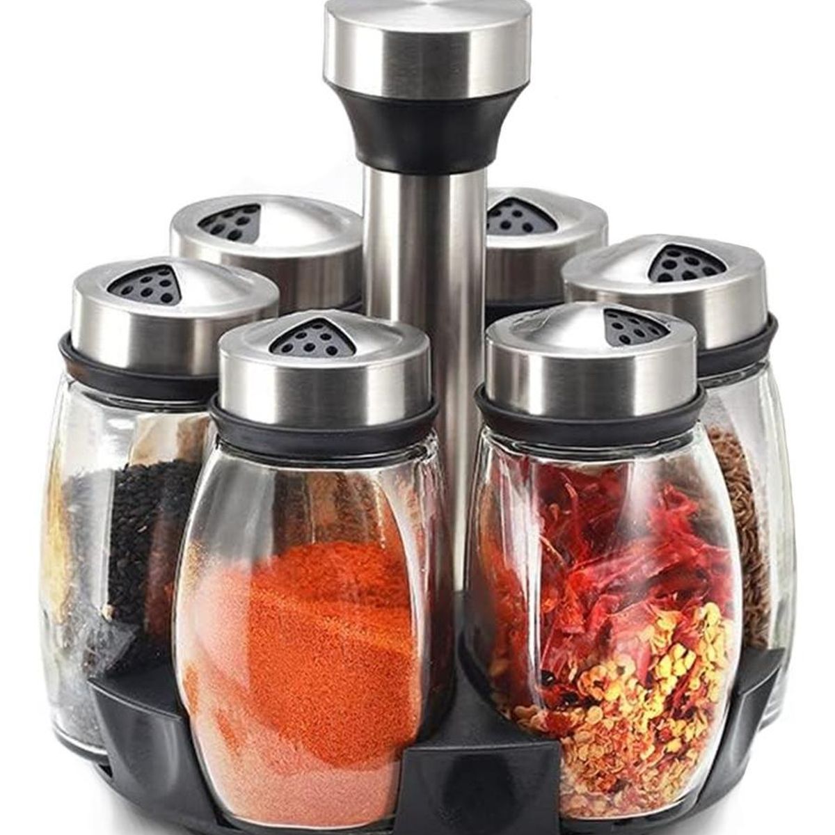 GENERICO - Set de Especieros Giratorio 360 con 6 Botellas Negras