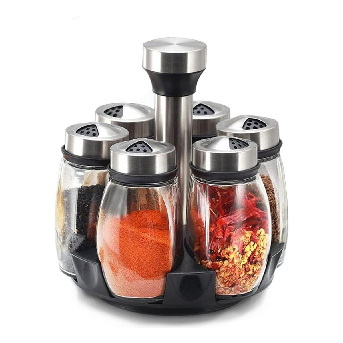 GENERICO - Set de Especieros Giratorio 360 con 6 Botellas Negras