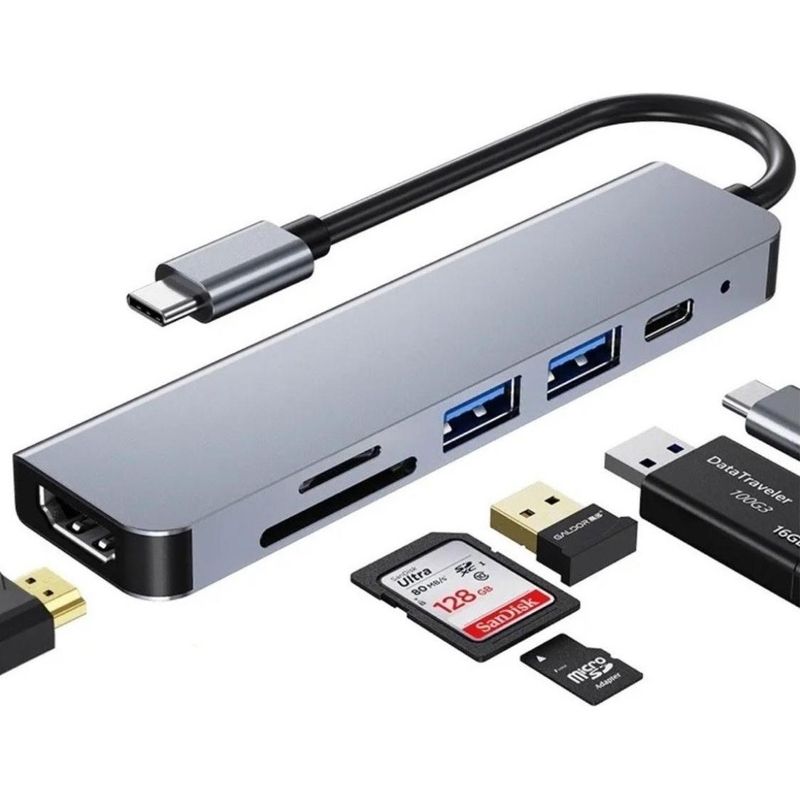 GENERICO - Hub Adaptador USB-C 6 en 1 con HDMI y 2x USB 30