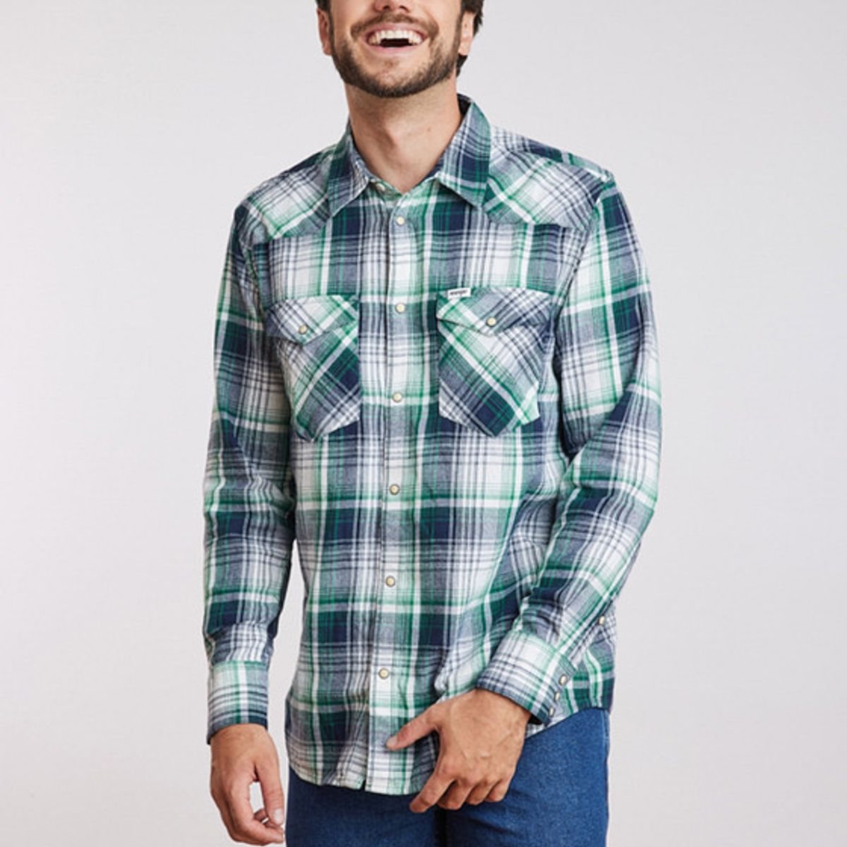 WRANGLER - Camisa Hombre Western Shirt Green Blue Plaid