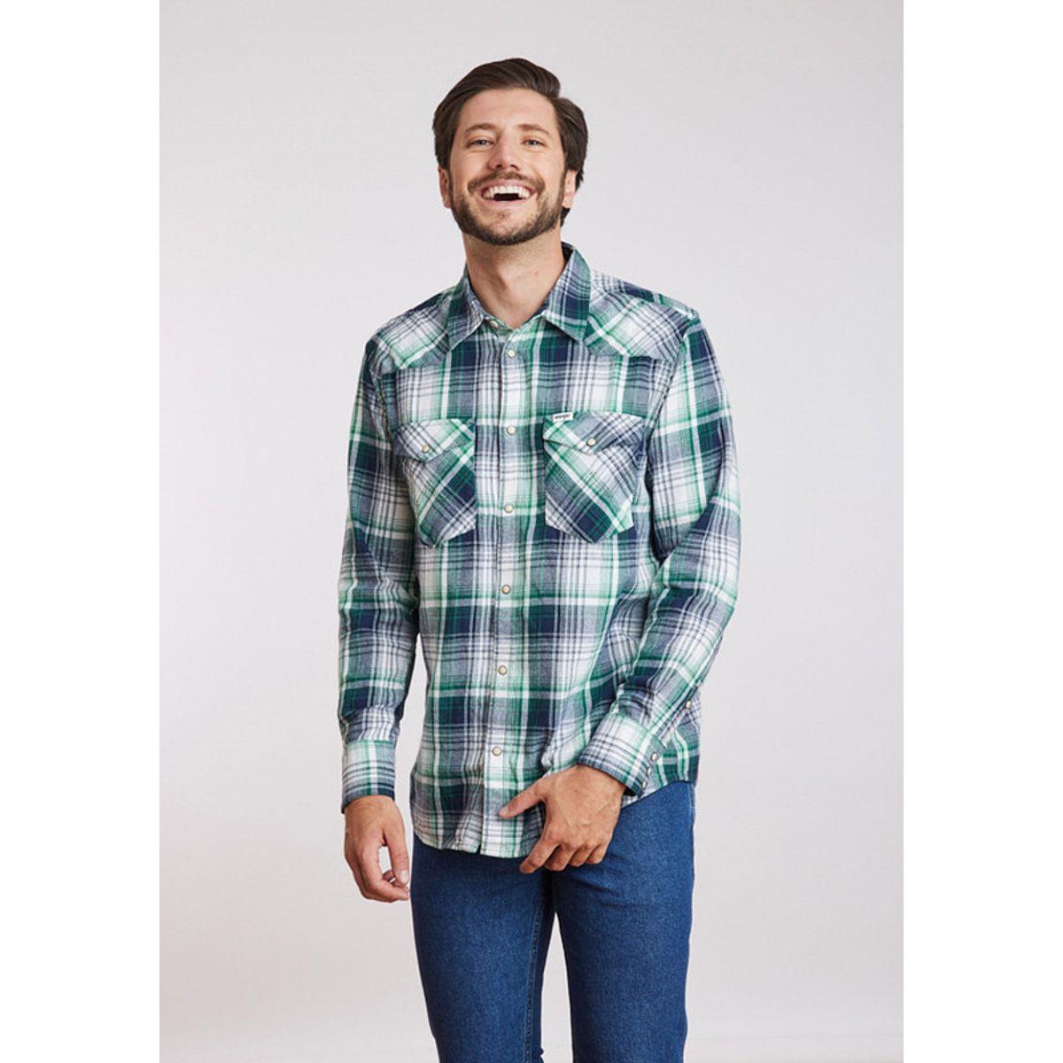 WRANGLER - Camisa Hombre Western Shirt Green Blue Plaid