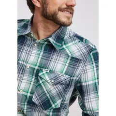 WRANGLER - Camisa Hombre Western Shirt Green Blue Plaid