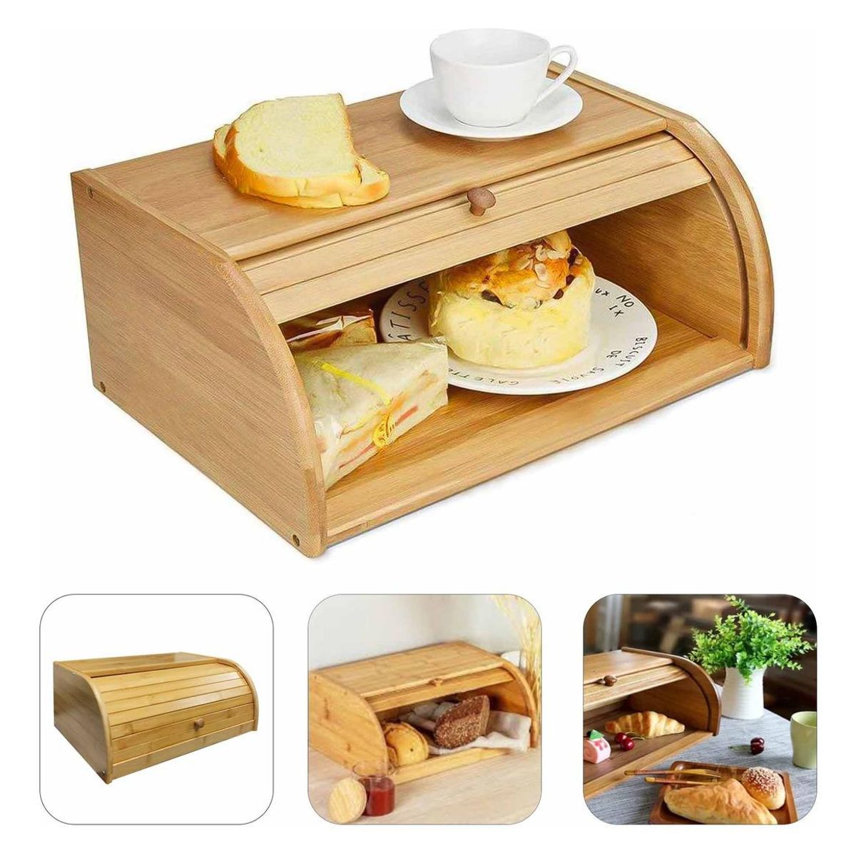 GENERICO - Caja de Pan de Madera de Bambú con Tapa Enrollable Grande.