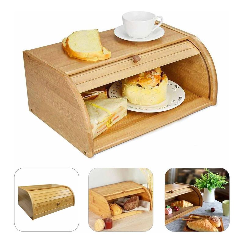 GENERICO - Caja de Pan de Madera de Bambú con Tapa Enrollable Grande.