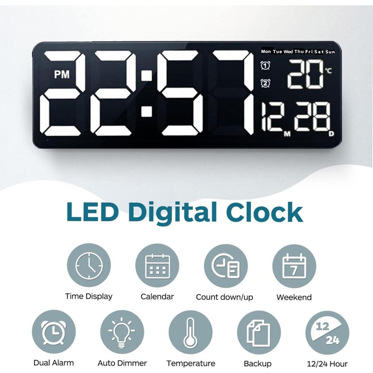 GENERICO - Reloj Digital LED Grande con Calendario y Temperatura 40x13cm