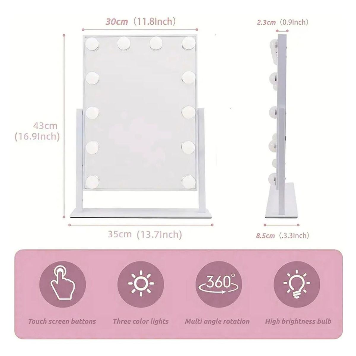 GENERICO - Espejo de Maquillaje LED con 12 Luces y USB 360°