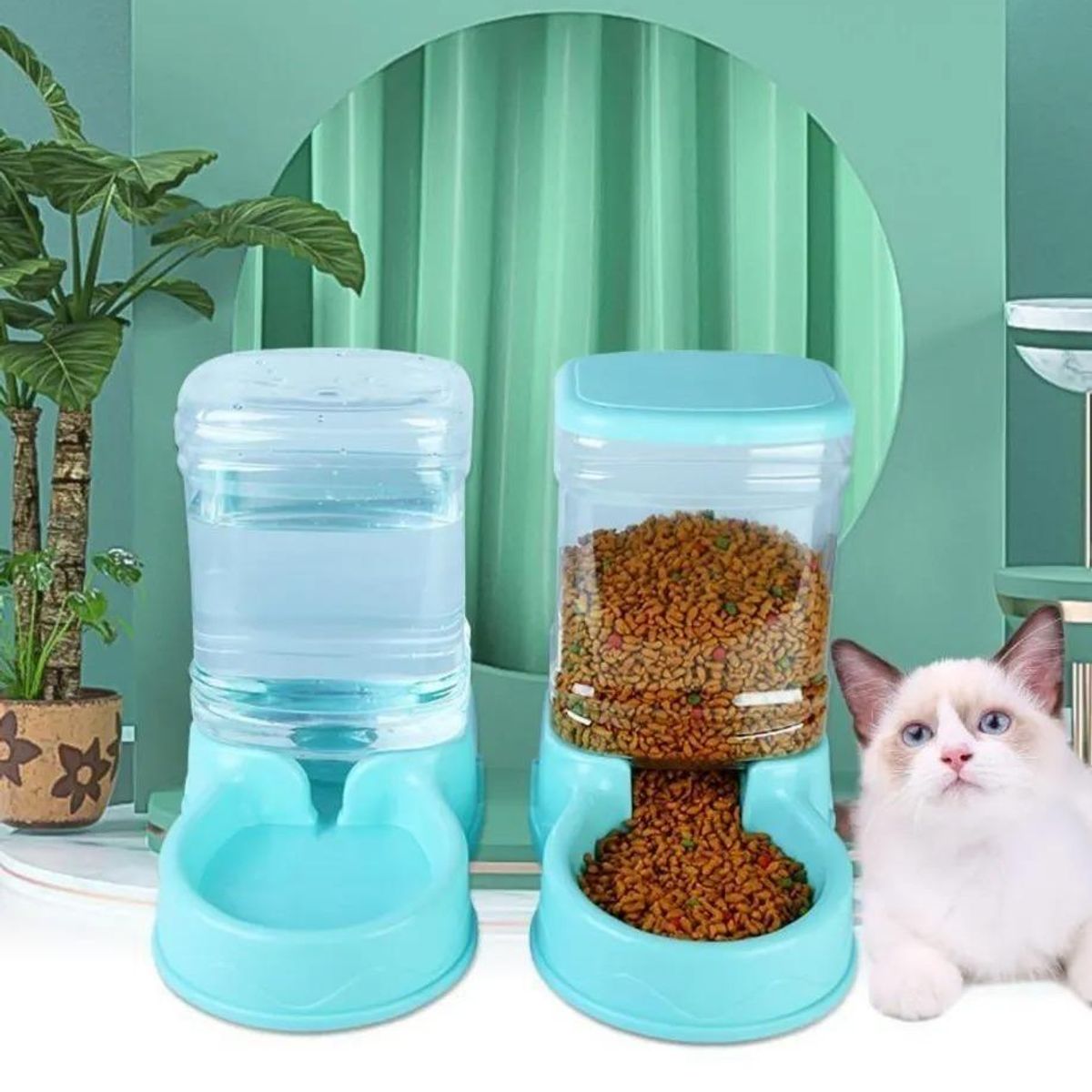 GENERICO - Fuente de Agua Automática Anticaída para Mascotas con Comedero