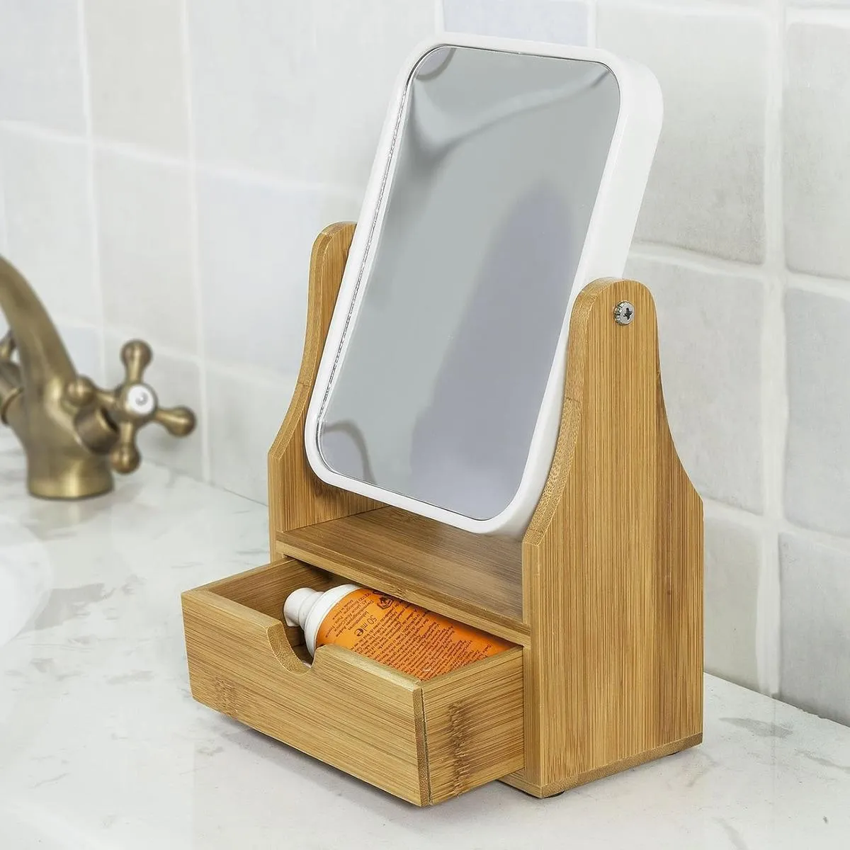 GENERICO - Espejo de Maquillaje 360° con Cajón de Bambú