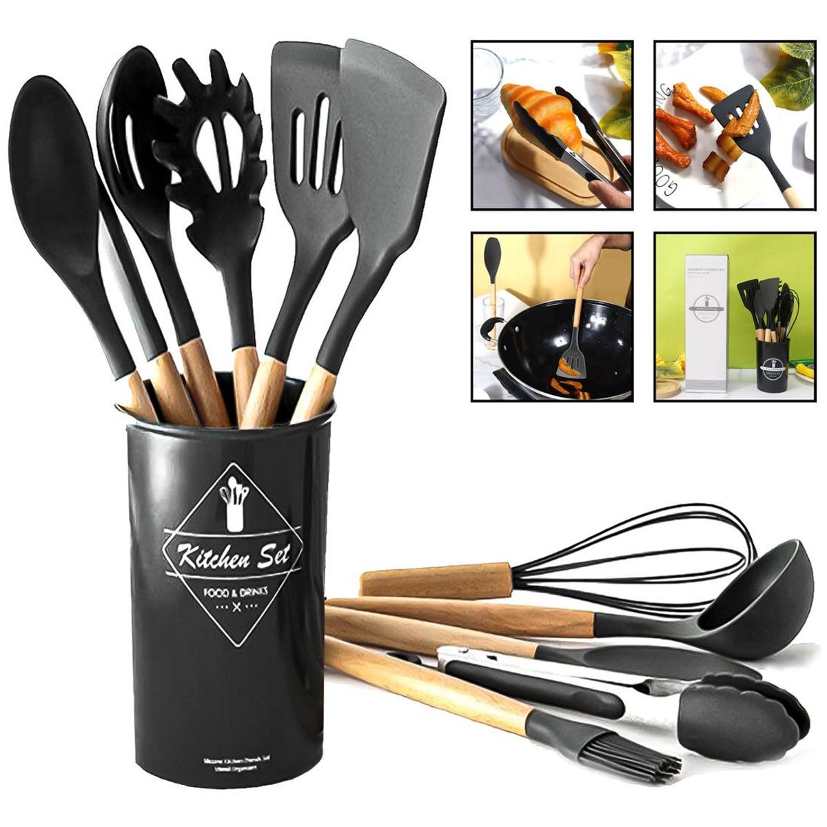 GENERICO - Set de 11 Utensilios de Cocina de Silicona con Mango de Madera
