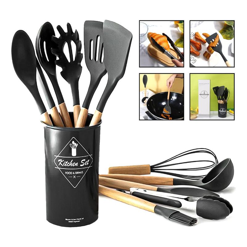 GENERICO - Set de 11 Utensilios de Cocina de Silicona con Mango de Madera