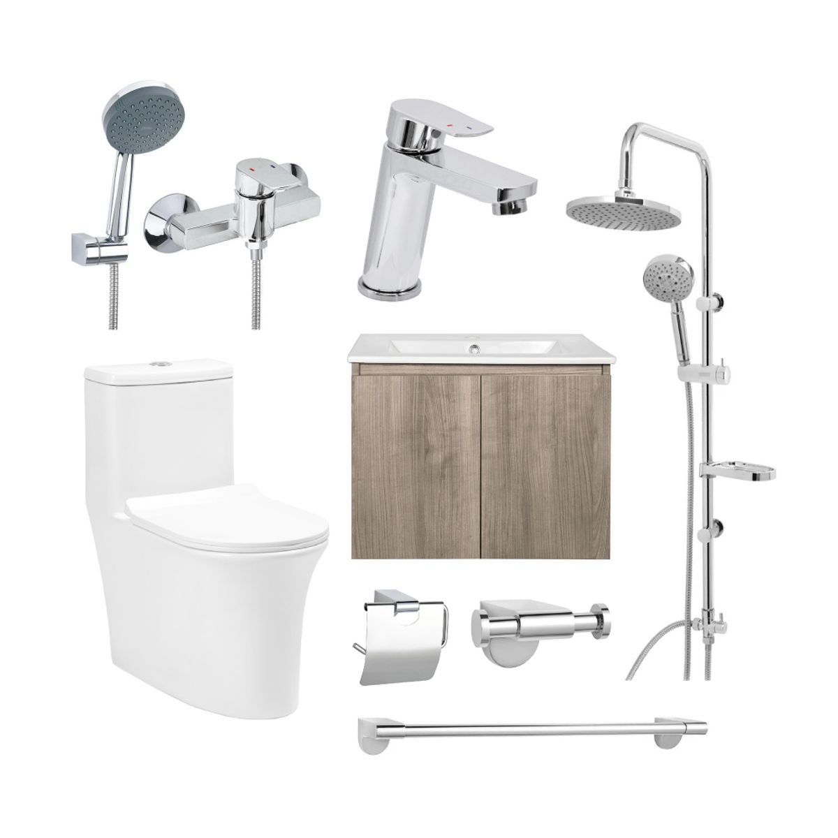 STRETTO - Pack Baño Madrid - Mueble + Griferías + Sanitario + Accesorios + Columna Ducha