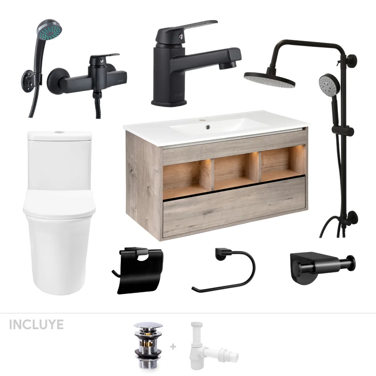 STRETTO - Pack Asturias - Mueble + Griferías + Accesorios + Sanitario