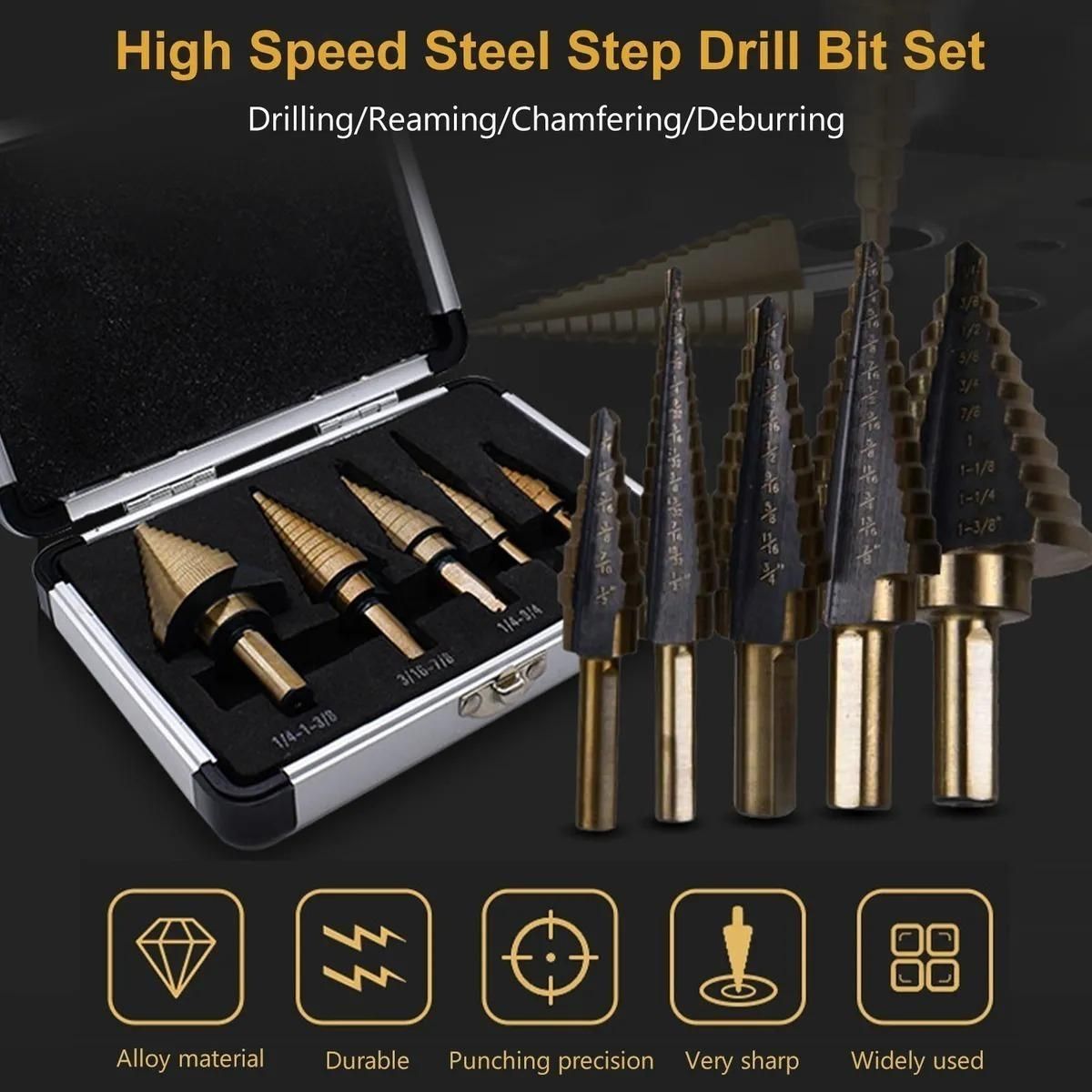 GENERICO - Juego de Brocas Escalonadas de Acero 5 Piezas