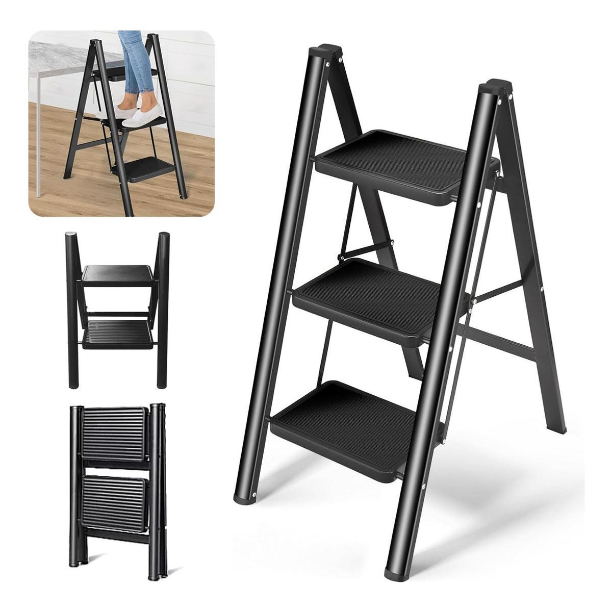 GENERICO - Escalera Plegable de 3 Peldaños Resistente y Antideslizante