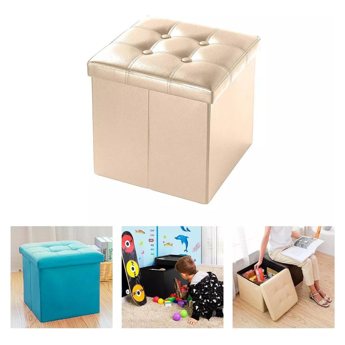 GENERICO - Puff Baul Plegable Ecocuero Organizador 38x38 cm