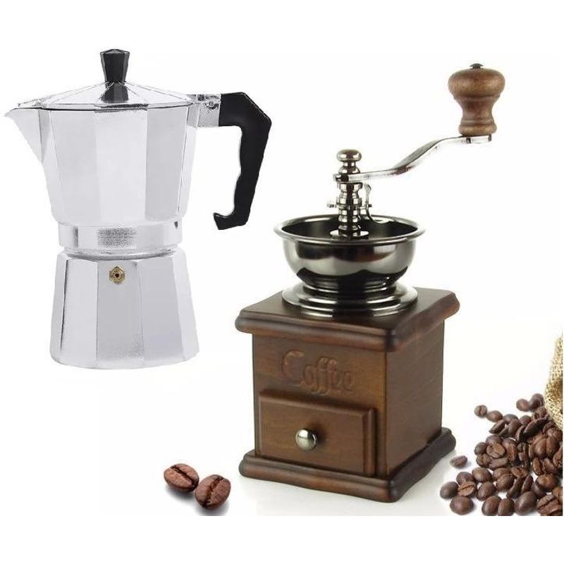 GENERICO - Cafetera Italiana de Aluminio para 3 Tazas con Molinillo
