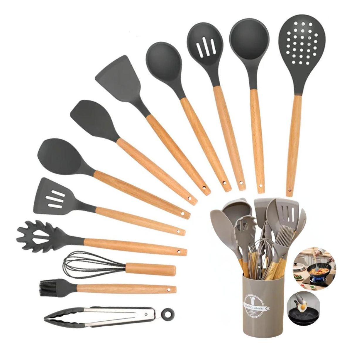 GENERICO - Set de Utensilios de Cocina de Silicona y Madera - 12 Piezas