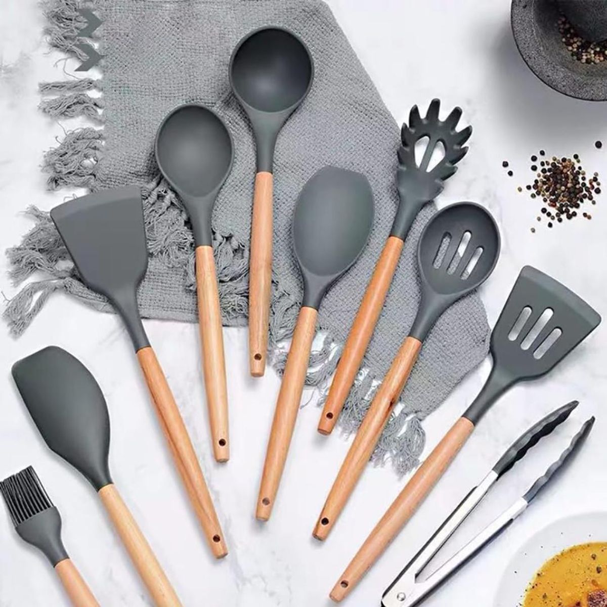 GENERICO - Set de Utensilios de Cocina de Silicona y Madera - 12 Piezas