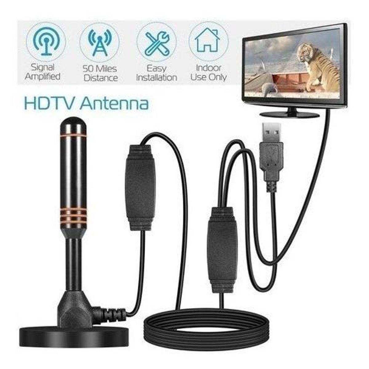 GENERICO - Antena Digital HD Amplificada Interior por USB con Ganancia 25 dBi