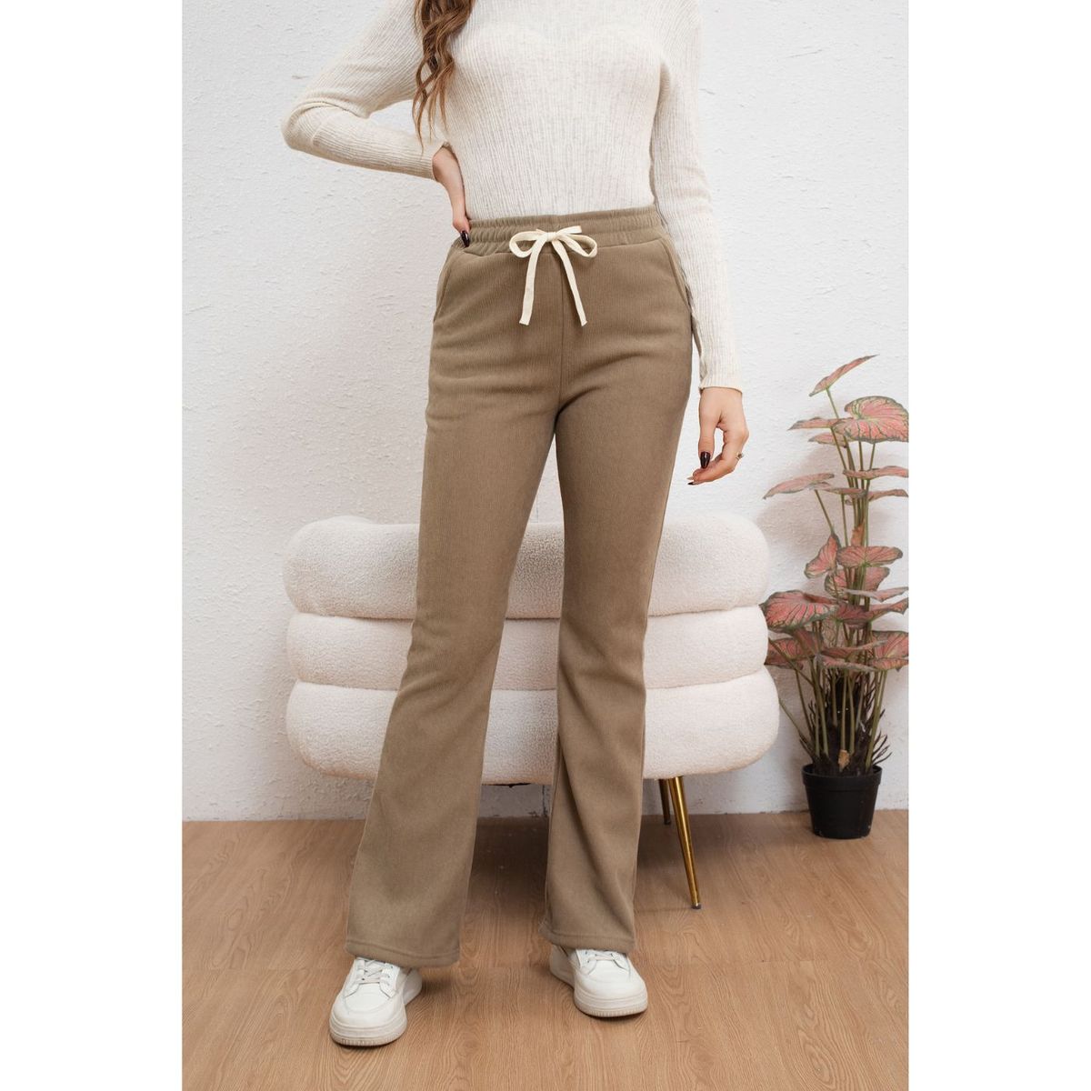 LIKE SHOP - Pantalón Calza Flare Invierno Mujer Forro Frisado Acanalada 7131