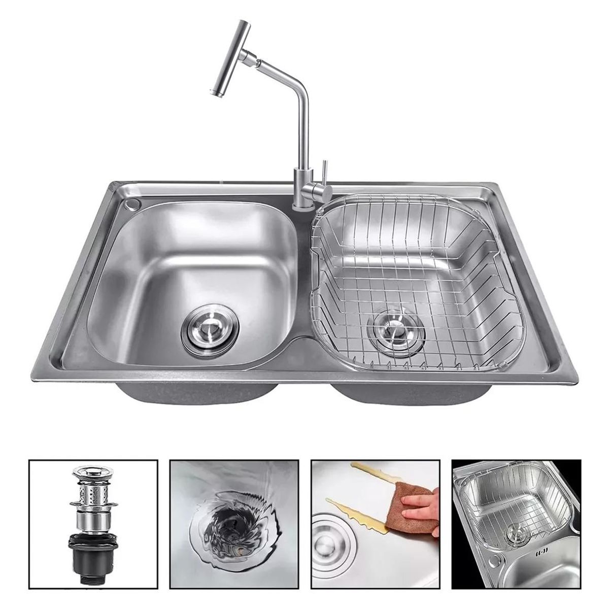 GENERICO - Lavaplatos Doble 78x43 con Llave Monomando Acero Inoxidable