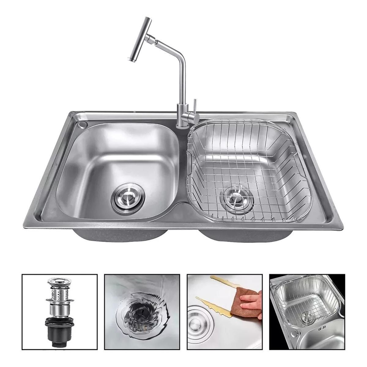 GENERICO - Lavaplatos Doble 78x43 con Llave Monomando Acero Inoxidable