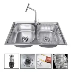 GENERICO - Lavaplatos Doble 78x43 con Llave Monomando Acero Inoxidable