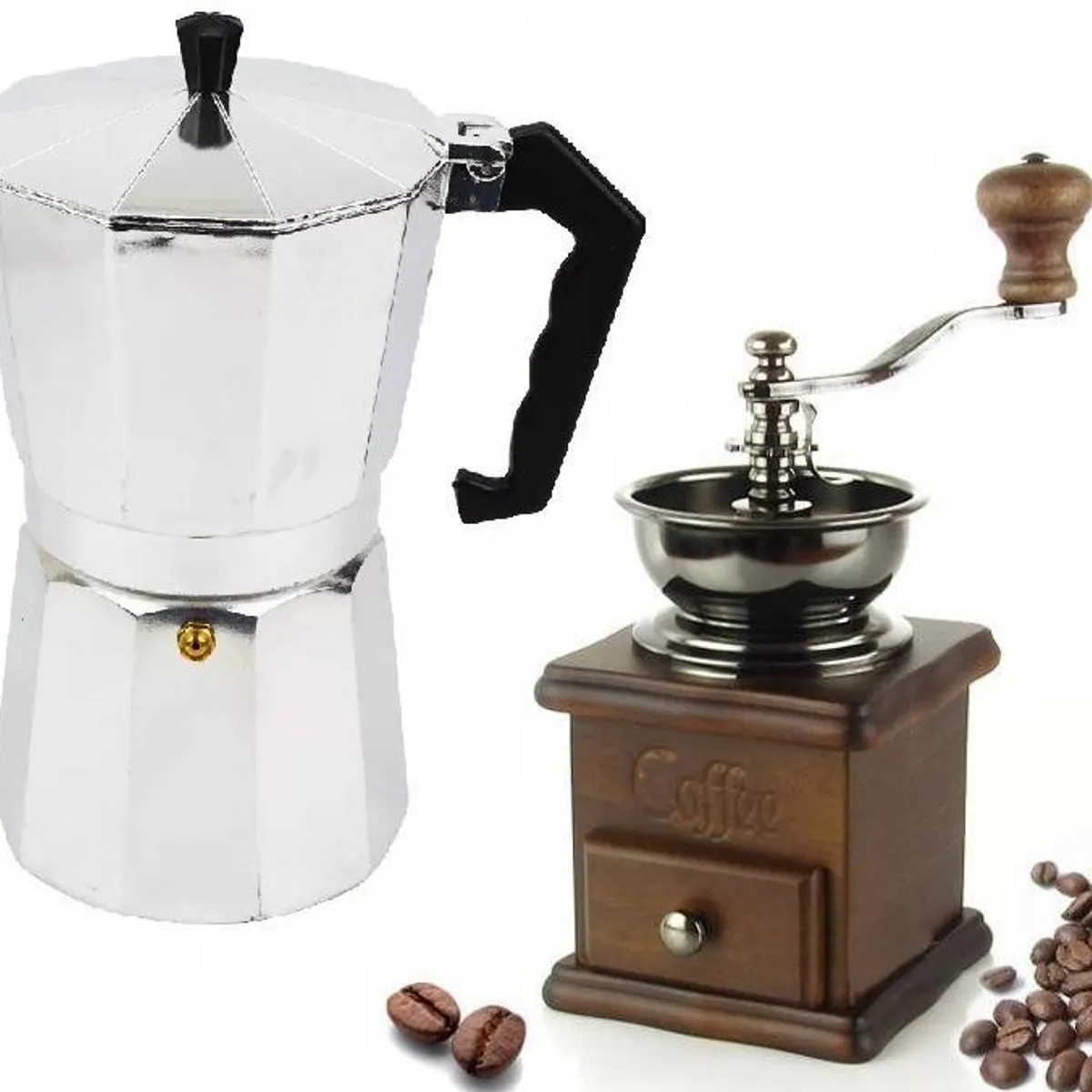 GENERICO - Cafetera Italiana de Aluminio y Molinillo de Café 6 Tazas