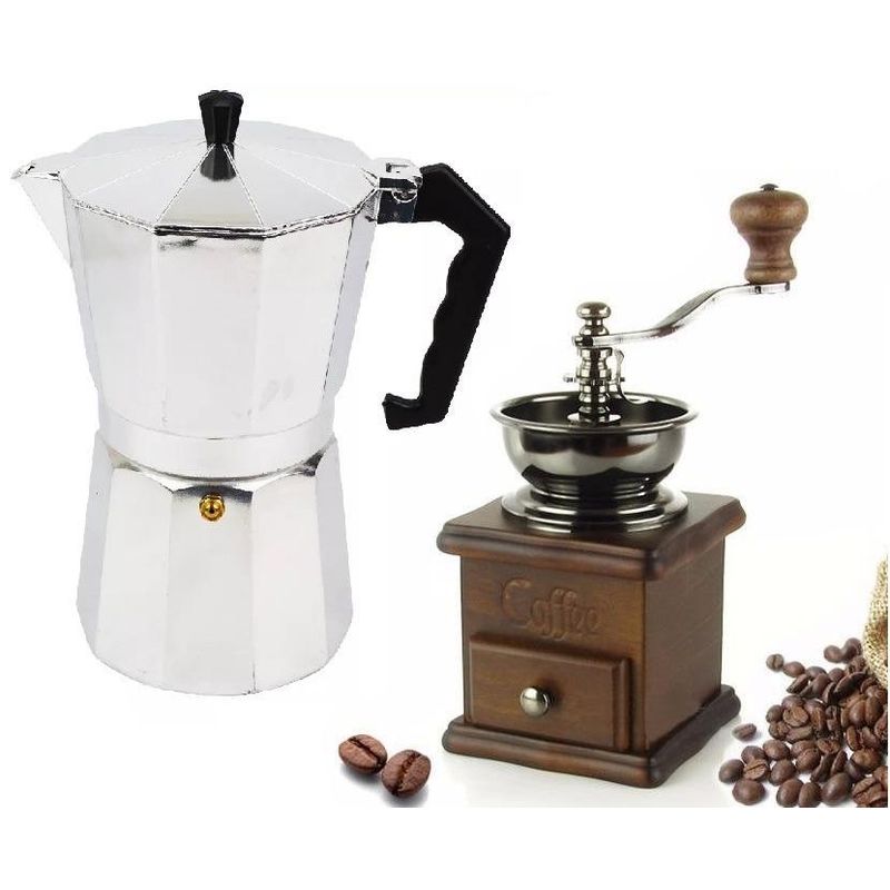 GENERICO - Cafetera Italiana de Aluminio y Molinillo de Café 6 Tazas