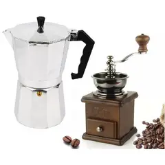 GENERICO - Cafetera Italiana de Aluminio y Molinillo de Café 6 Tazas