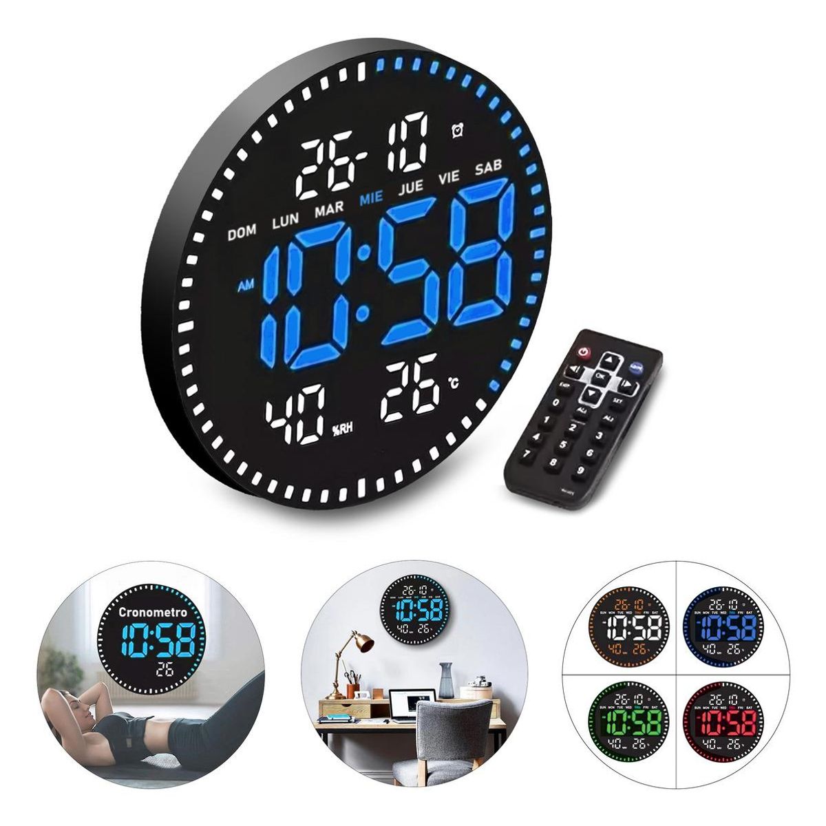 GENERICO - Reloj de Pared Digital LED Redondo con Cronómetro y Control