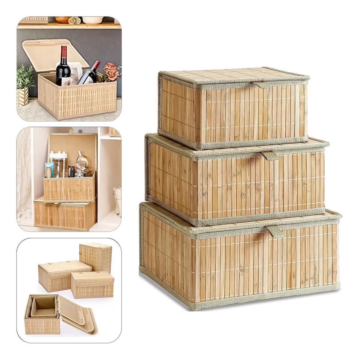 GENERICO - Set de 3 Cajas Organizadoras de Bambú para Hogar