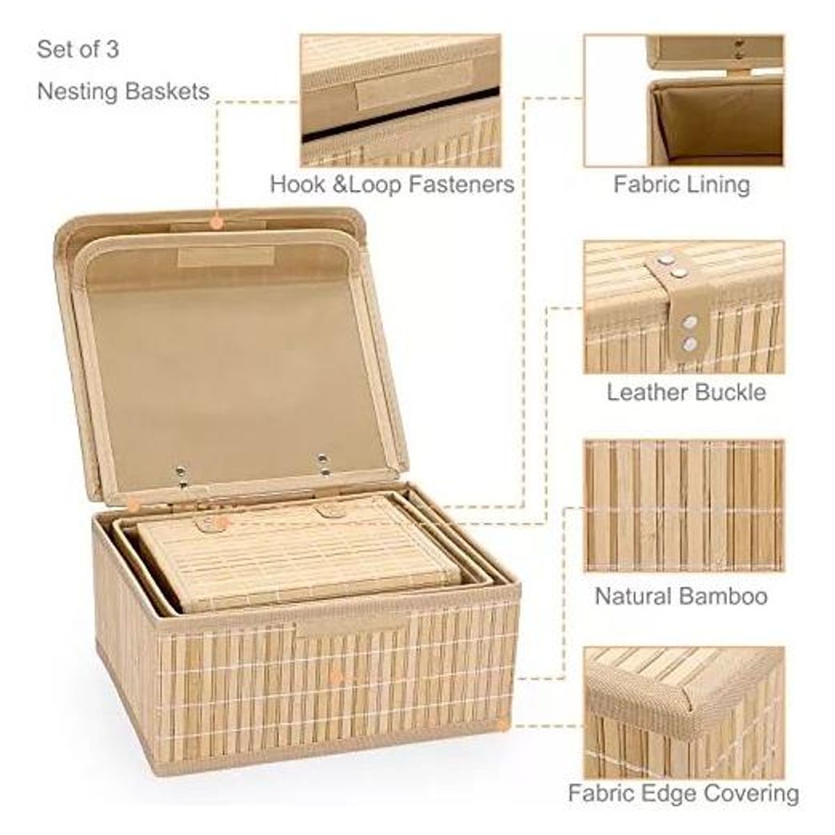GENERICO - Set de 3 Cajas Organizadoras de Bambú para Hogar