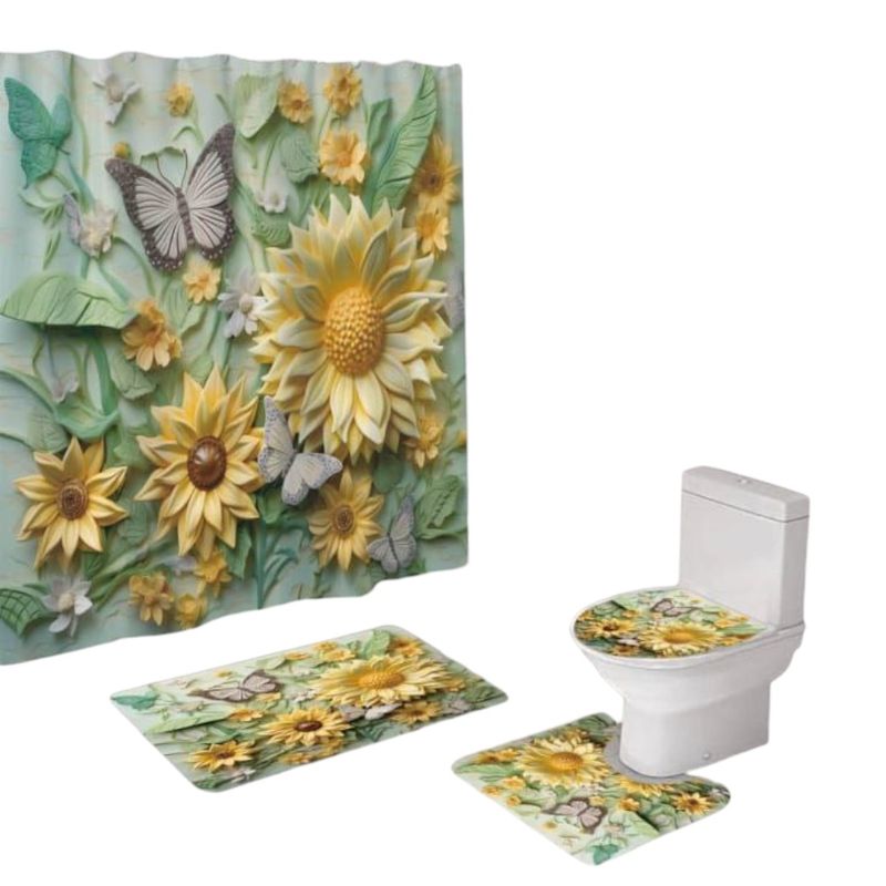 GENERICO - Juego De Baño Set De 4 Piezas Cortina + Tapa WC + 2 Alfombras
