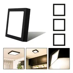GENERICO - 3 Focos LED Negros Cuadrados 12W Plafón Sobrepuesto Cálido