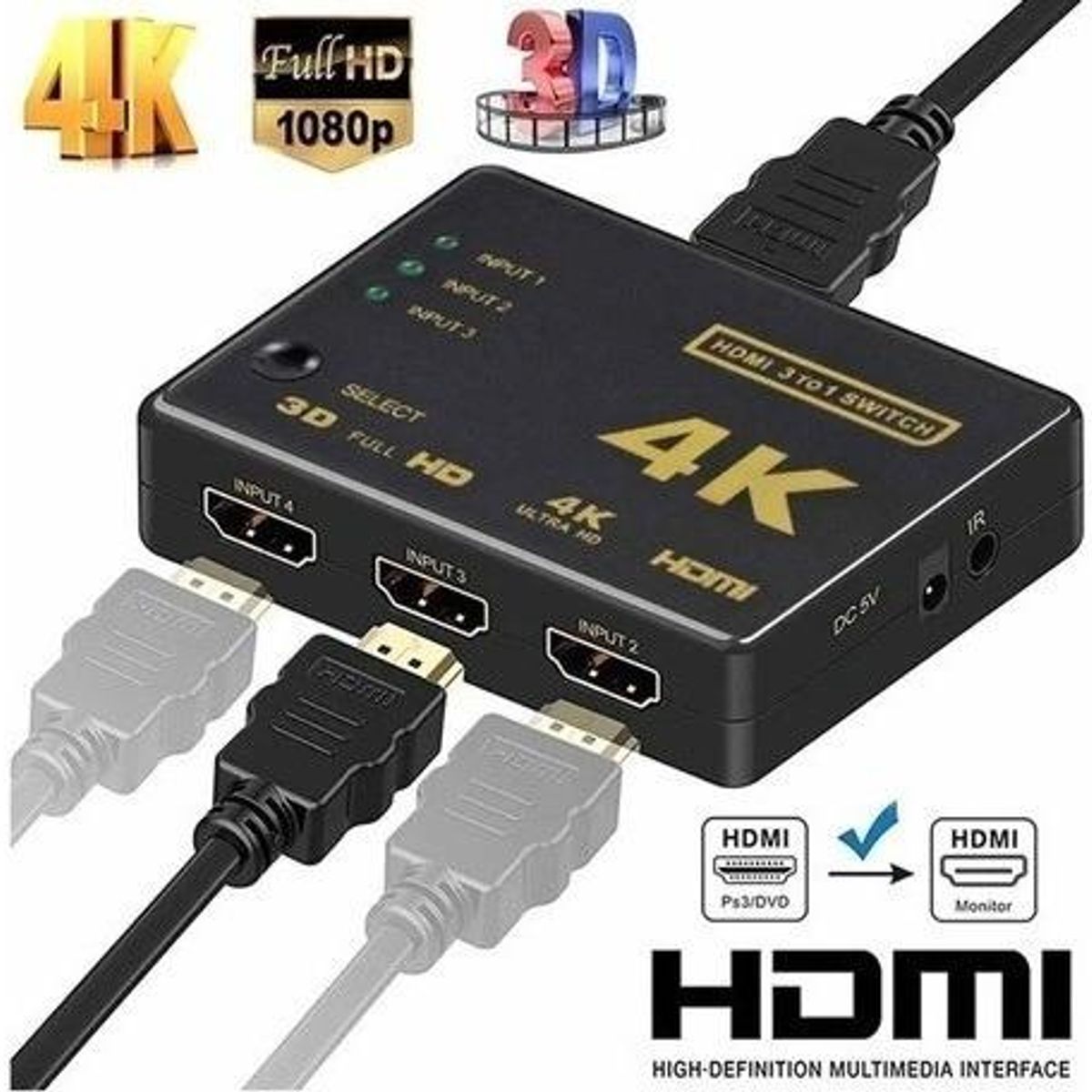 GENERICO - Splitter HDMI 4K 3x1 con Control Remoto para TV