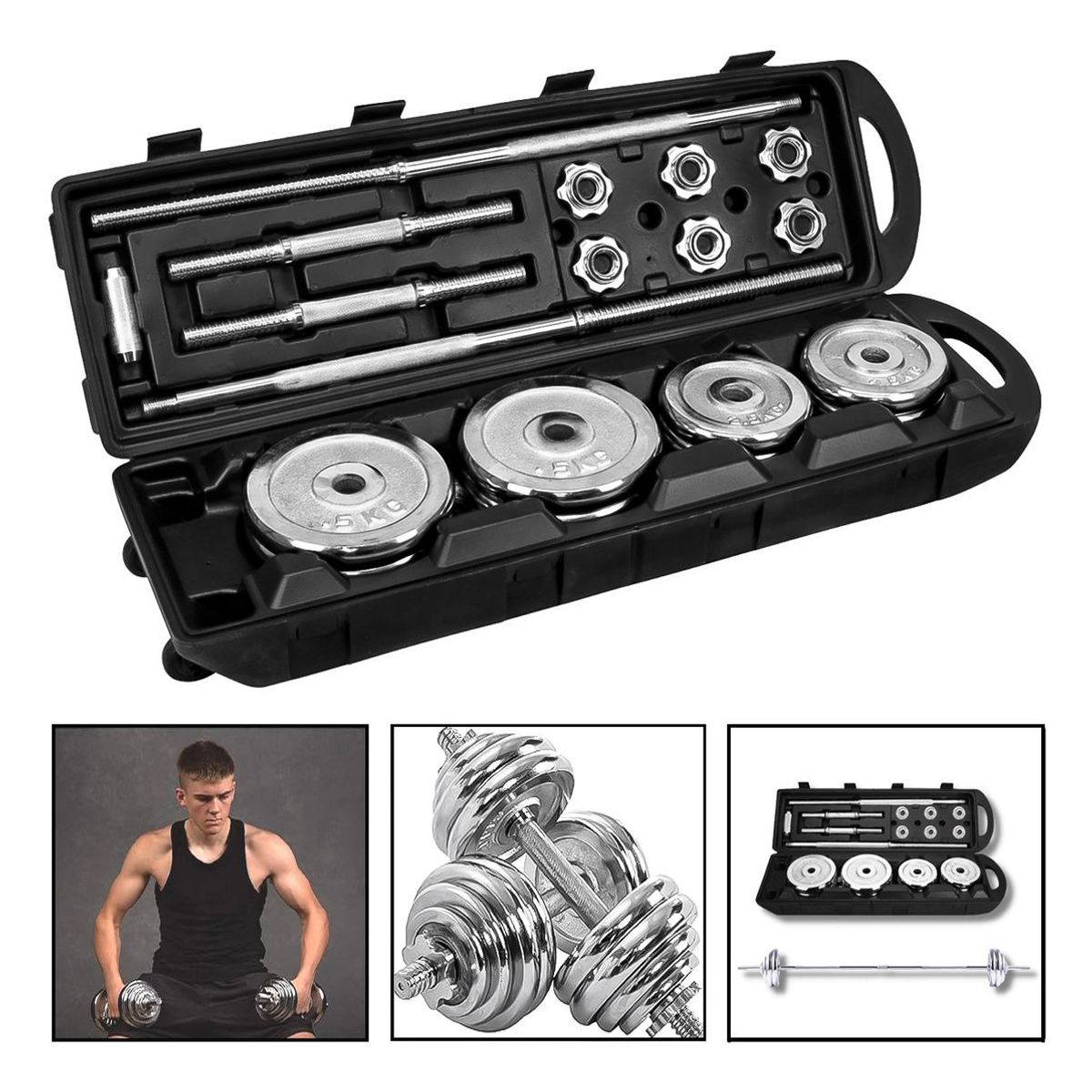 GENERICO - Set de Mancuernas Cromadas de 50 Kg con Maleta de Transporte