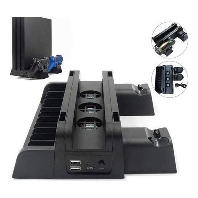 GENERICO - Soporte Multiuso para PS4 con Ventilador y Cargadores.