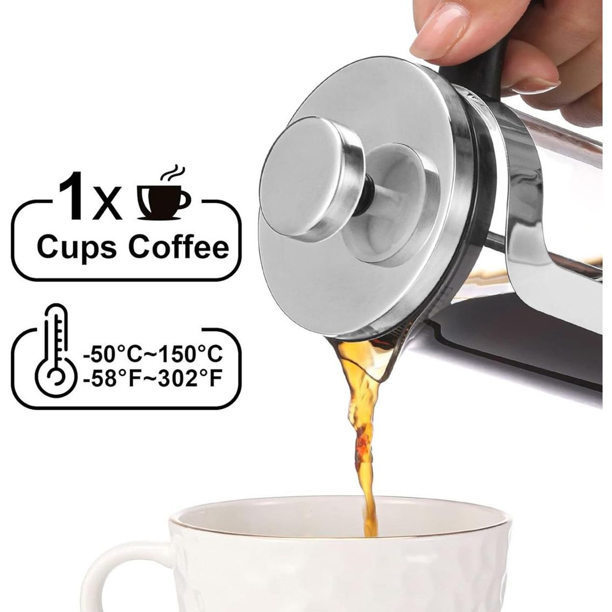 GENERICO - Cafetera Prensa Francesa de Vidrio y Acero Inoxidable 1L