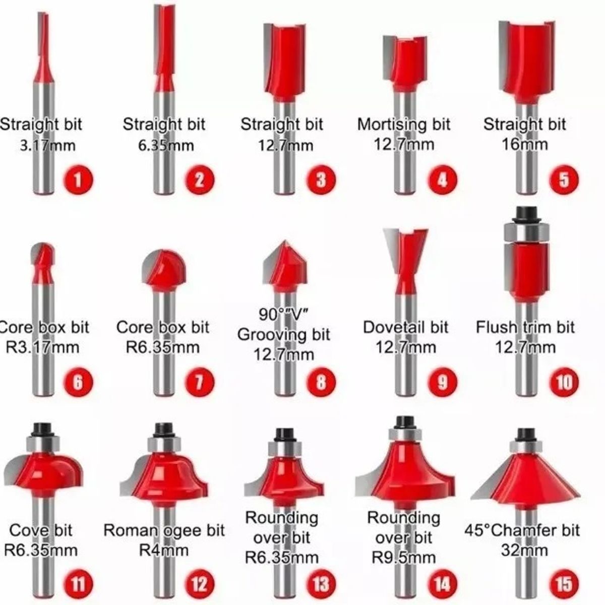 GENERICO - Set 15 Fresas Madera Toma 14 635mm - Router Tupi Fresadora