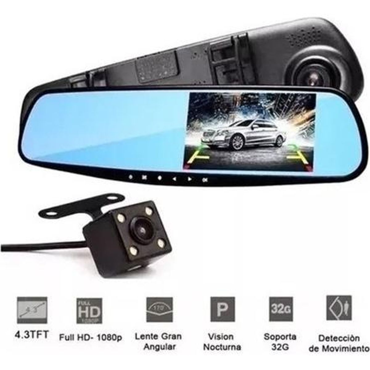 GENERICO - Espejo Retrovisor con Cámara HD Frontal y de Retroceso