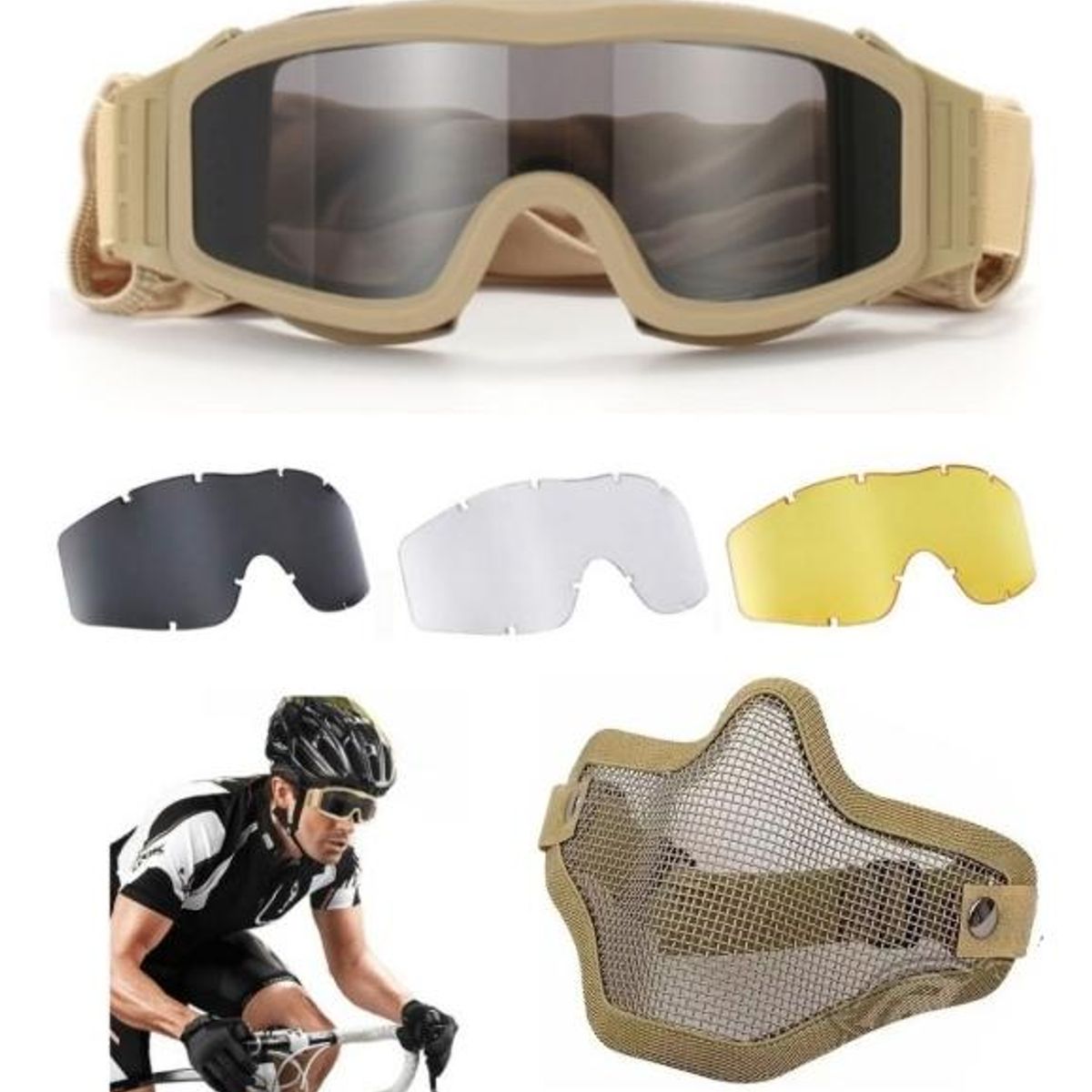 GENERICO - Pack de Gafas Tácticas con 3 Lentes y Máscara Media Cara