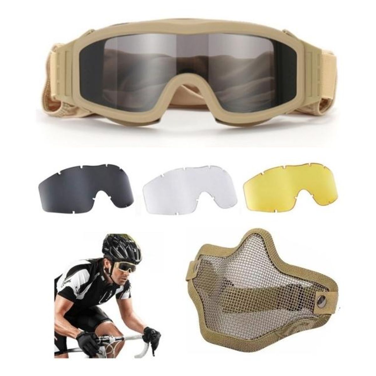 GENERICO - Pack de Gafas Tácticas con 3 Lentes y Máscara Media Cara