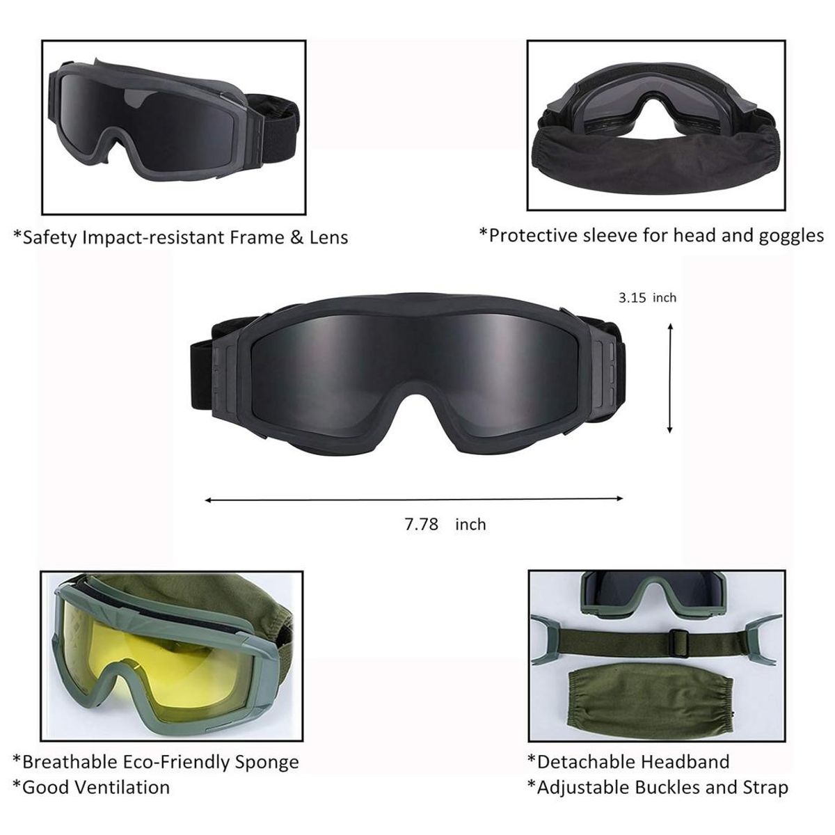 GENERICO - Pack de Gafas Tácticas con 3 Lentes y Máscara Media Cara