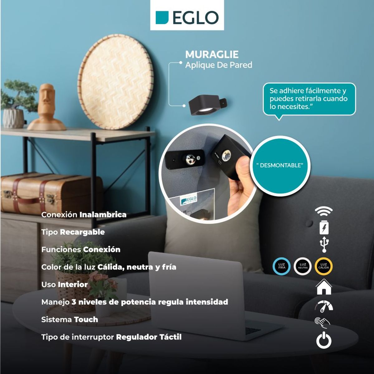 EGLO - Aplique Inalámbrico Recargable Usb Touch Regulador Muraglie Led 1X5W