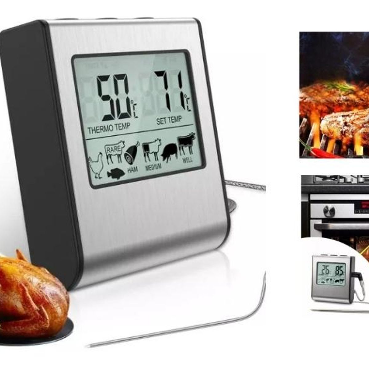 GENERICO - Termómetro Digital de Cocina con Sonda Precisa y Temporizador